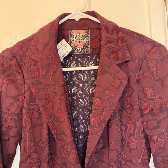 Free People Burgundy Floral Jacquard Blazer Lace Up Back Victorian Boho Jacket - Picture 5 of 5